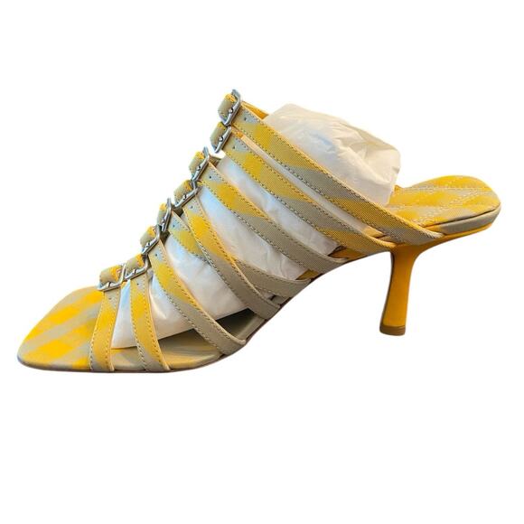 Burberry 76MM Step Check Cotton Heeled Strappy Sandals Buckled Square Toe Sz38.5